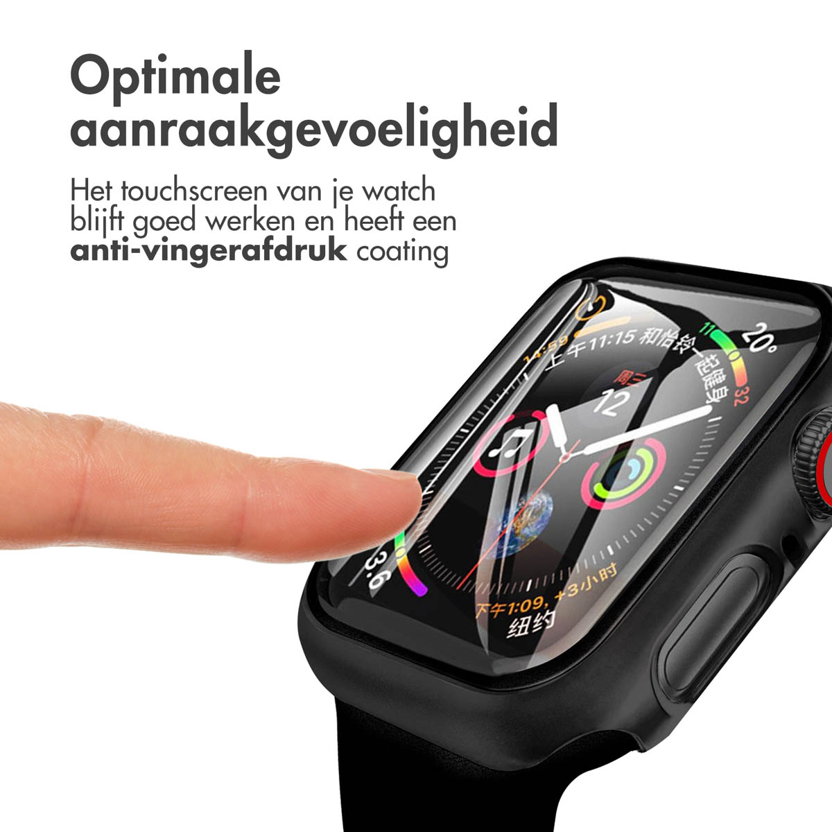 Person's finger touching a black smartwatch screen with a protector. Black band.