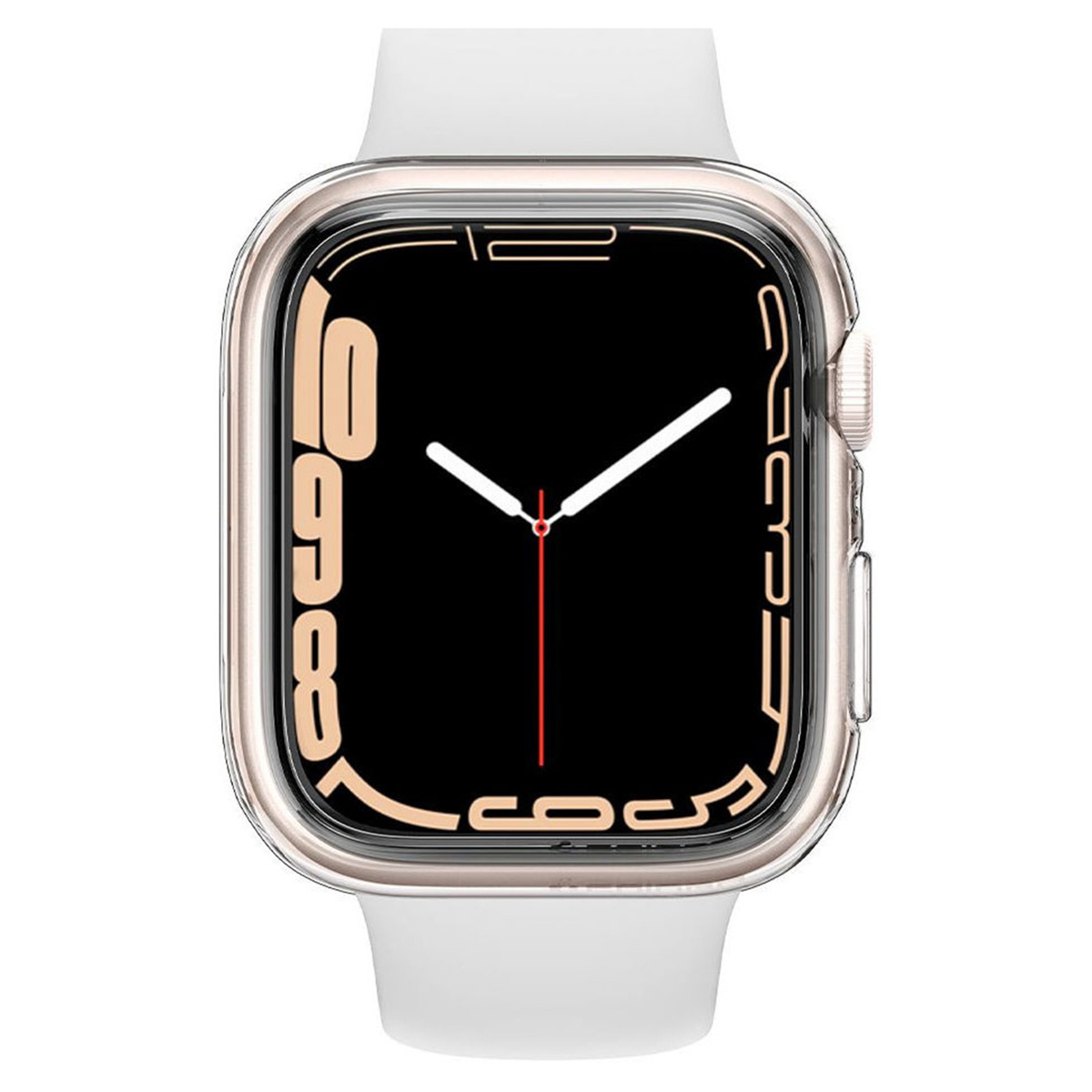 Close-up of a smartwatch with a white strap and a clear protective case.