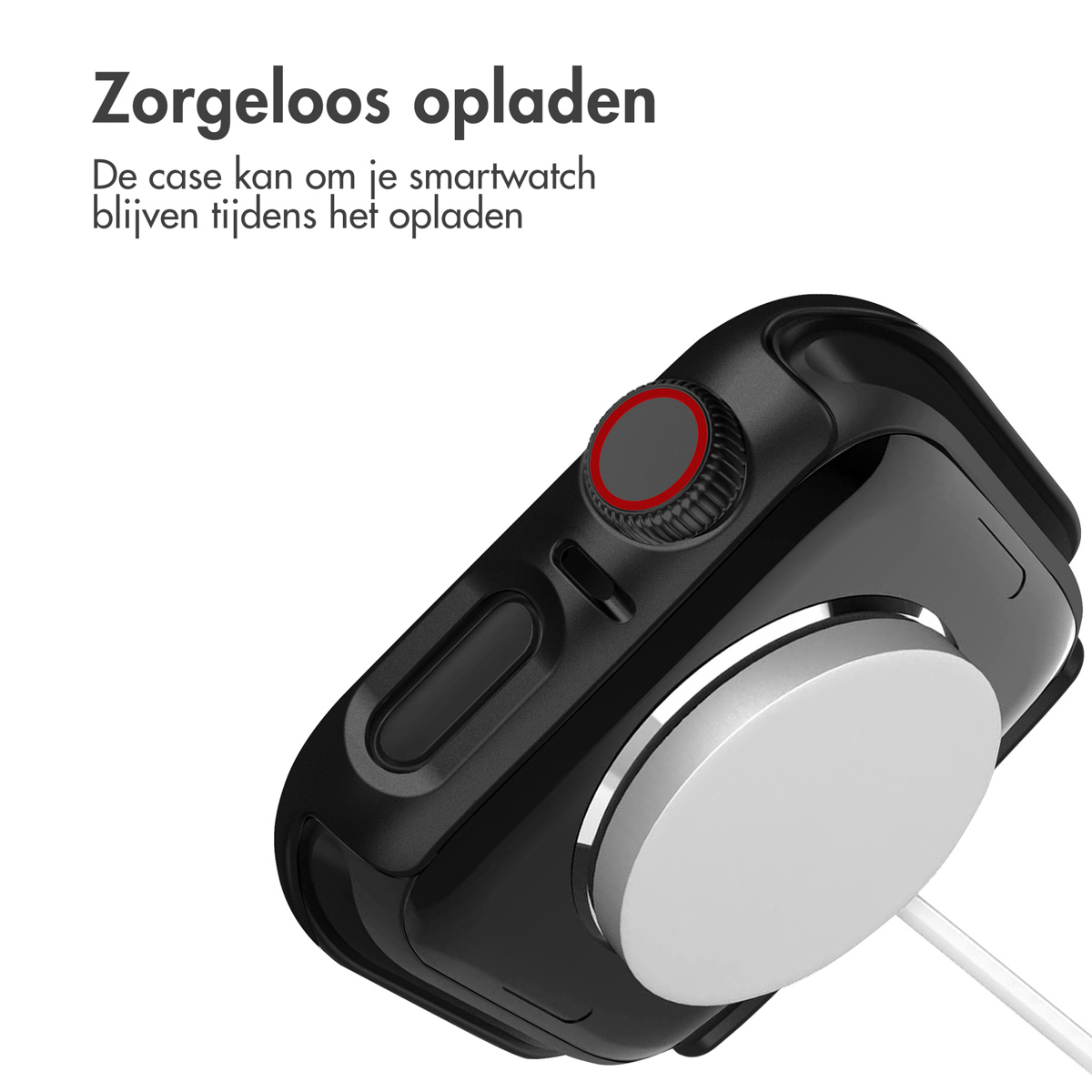 Black Apple Watch on a charging station. The watch has a black case.