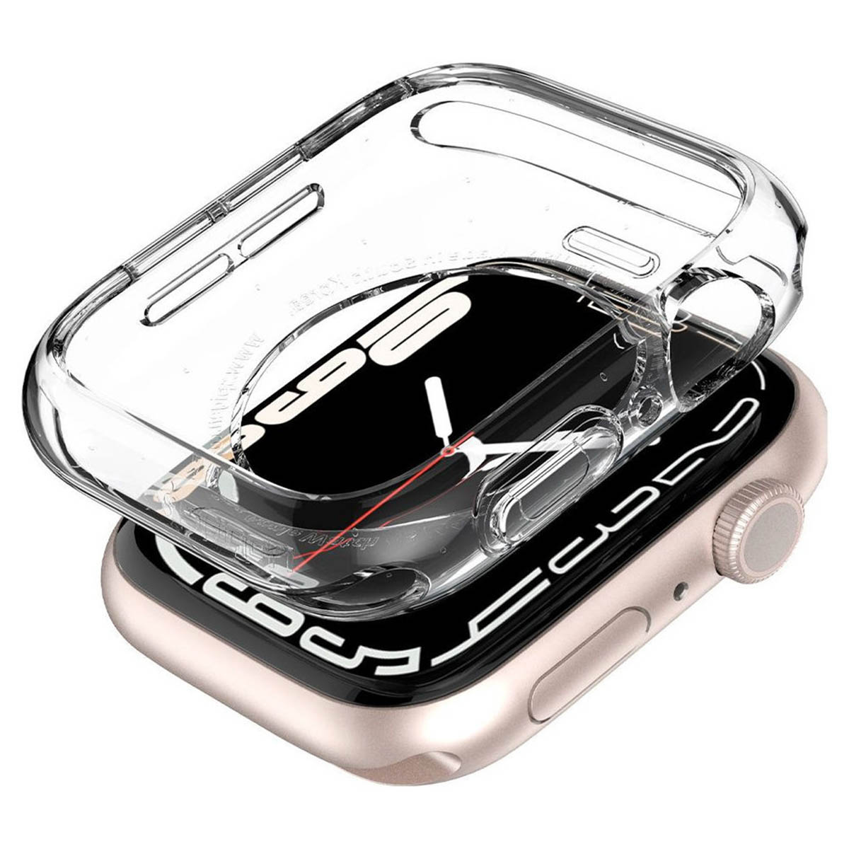 Apple Watch with a protective case. The case is clear and being removed from the watch.