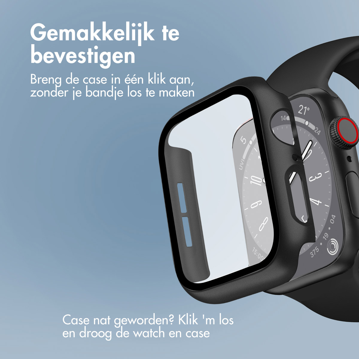 Black smartwatch with a black case attached, partially showing the screen. A light blue background.