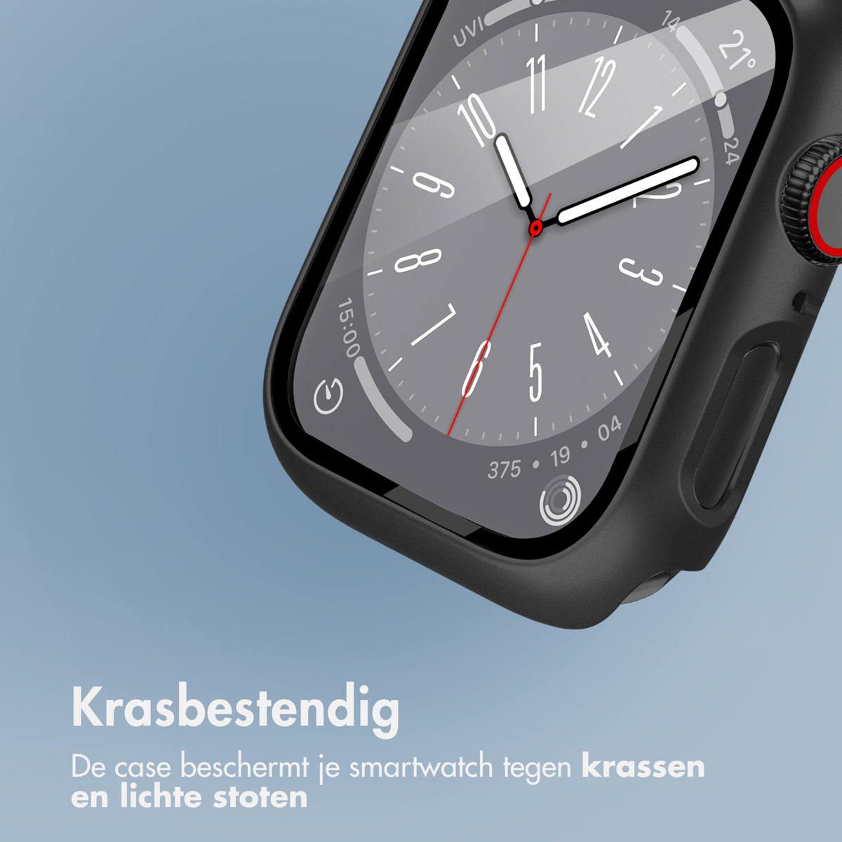 Close-up of Apple Watch with a black case, showing the screen and dial.