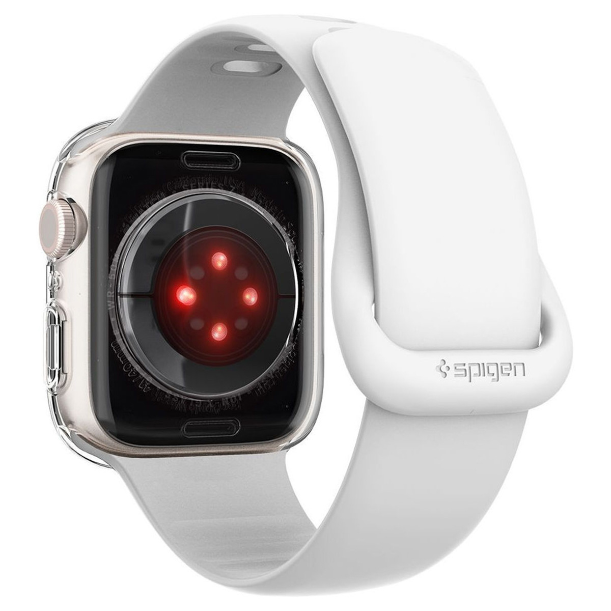 A silver Apple Watch with a white band. The watch shows a red heart rate sensor.