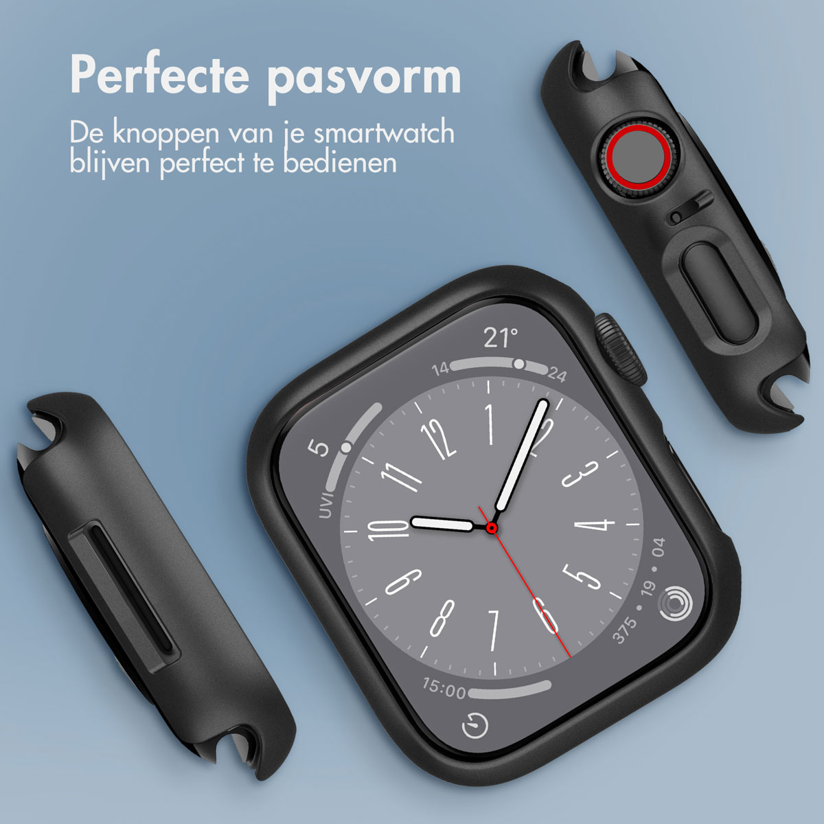 Apple Watch with black case and black band on blue background.