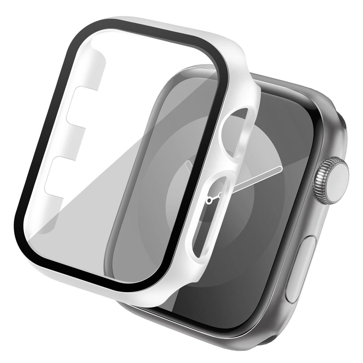 Smartwatch with protective case. The case is clear with a black border, and the watch is silver.