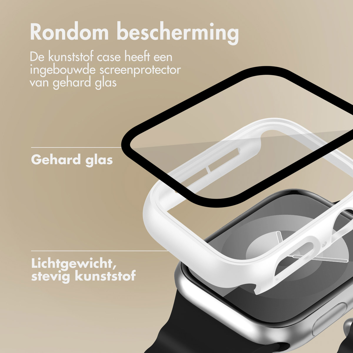 Watch case layers: clear glass, white frame, watch face.