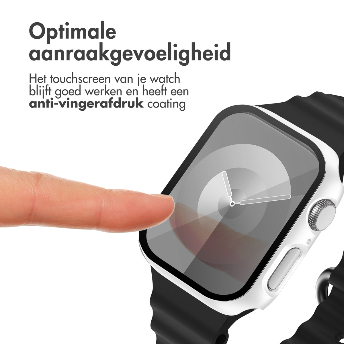 A finger pointing at a watch screen with a white case and black band.