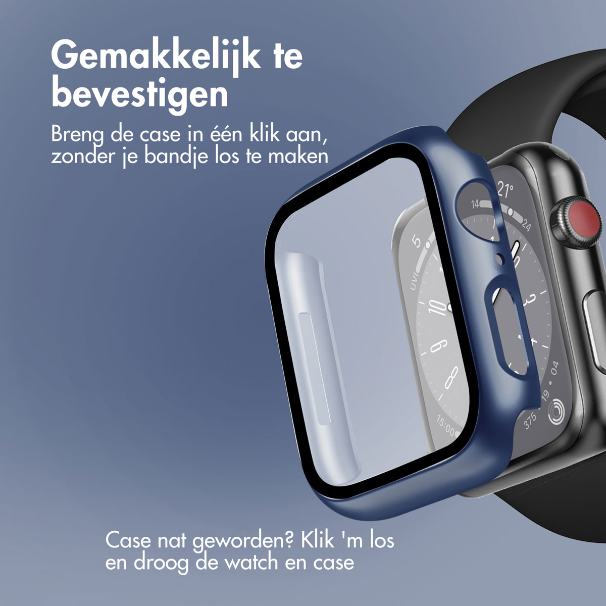 Blue watch case on black watch. Text: easy to attach. The watch's screen is visible.