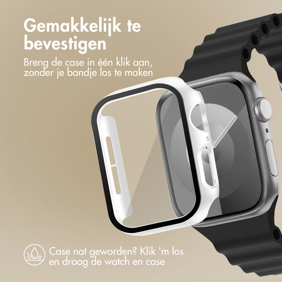 Smartwatch case being installed. White case with watch on a brown background. Texts in Dutch.
