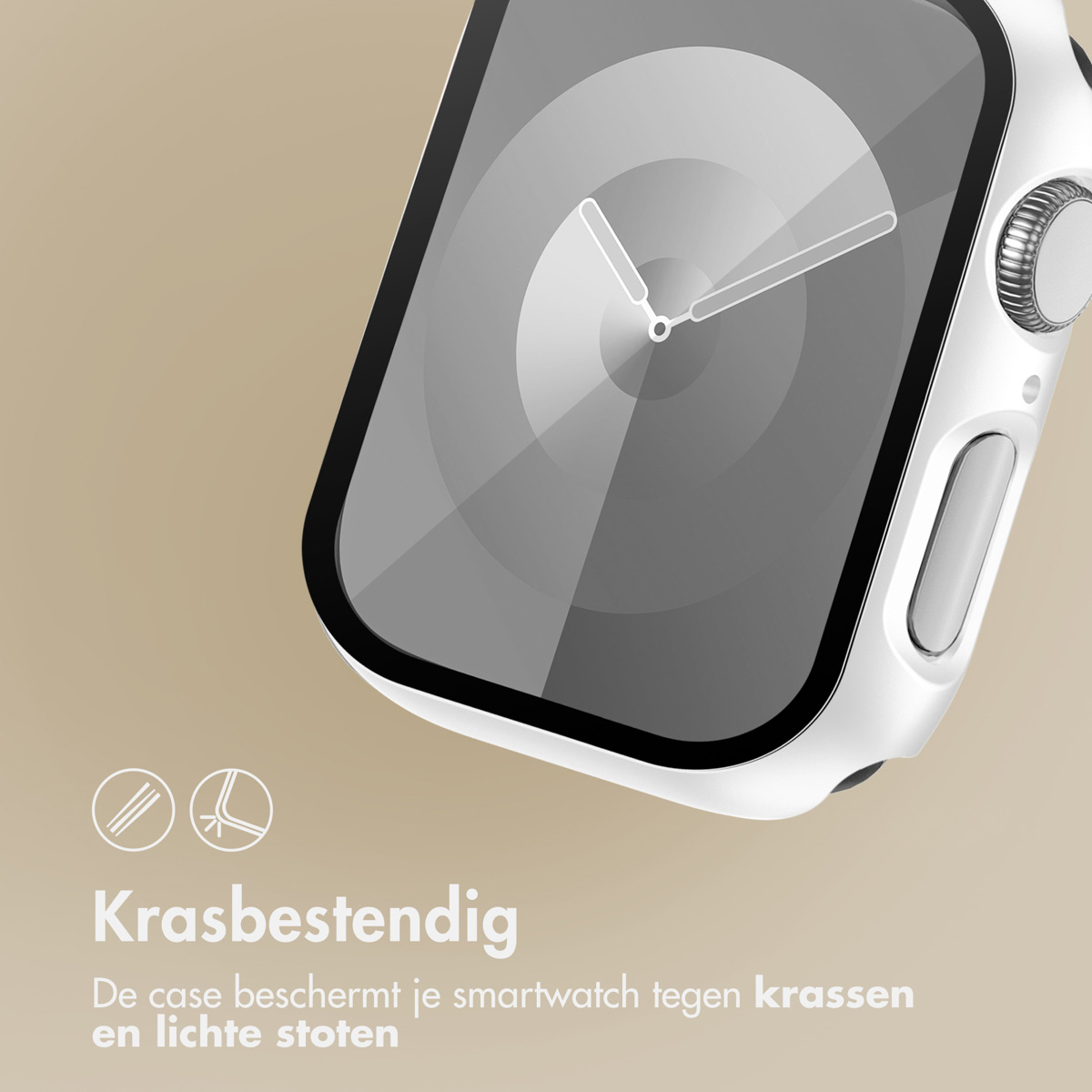 White Apple Watch in a white case. Text: 'Krasbestendig'.