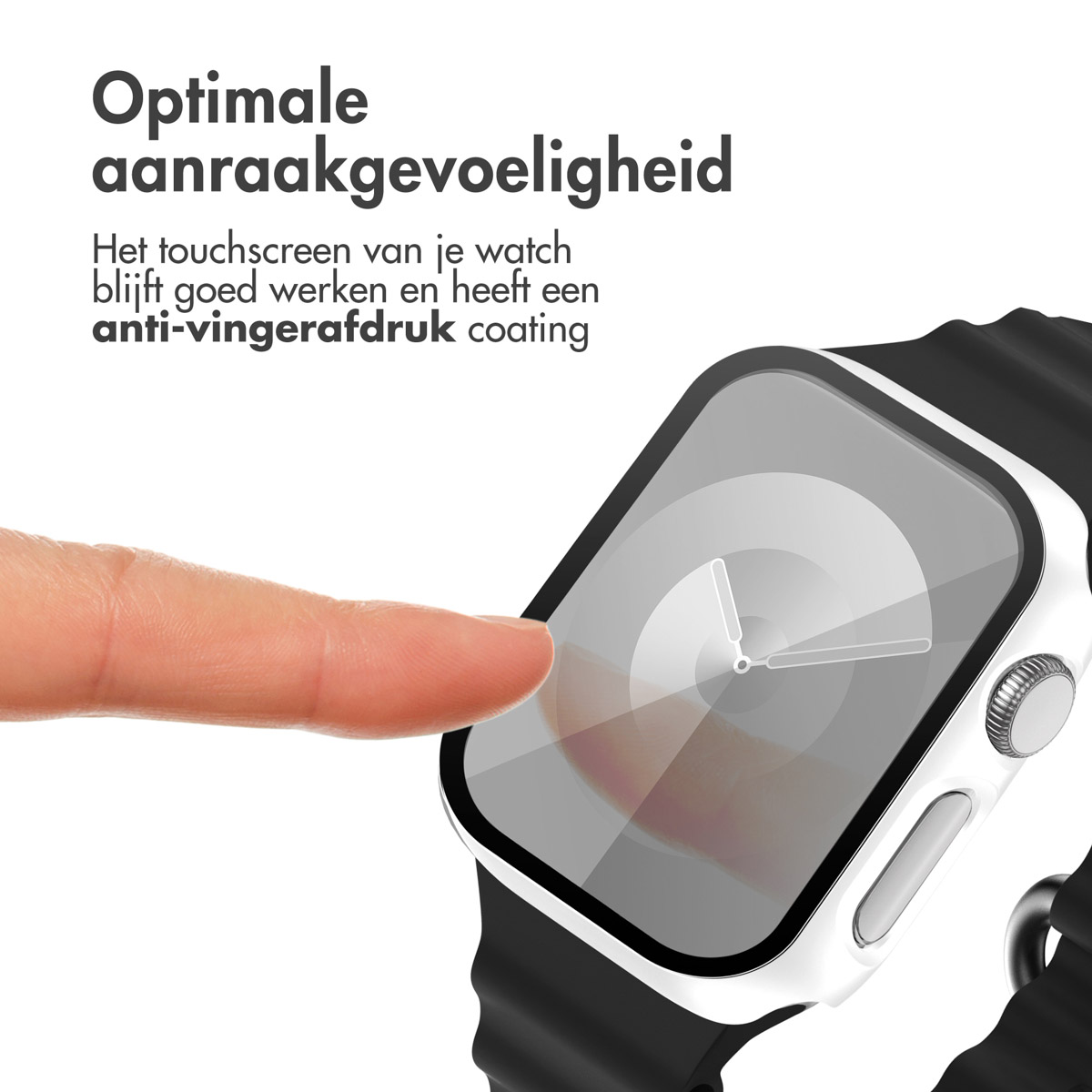 A finger touching a smartwatch screen with a white and black case. The background is blurred.