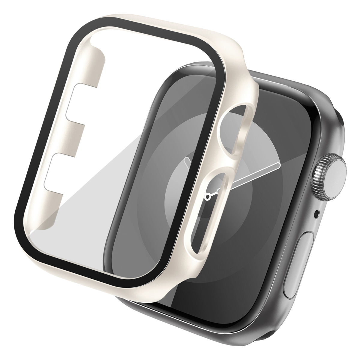 An Apple Watch with a protective case. The case is open, revealing the watch face.