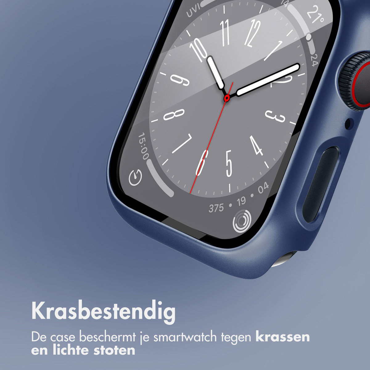 Blue Apple Watch with blue case. Text: 'Krasbestendig'.