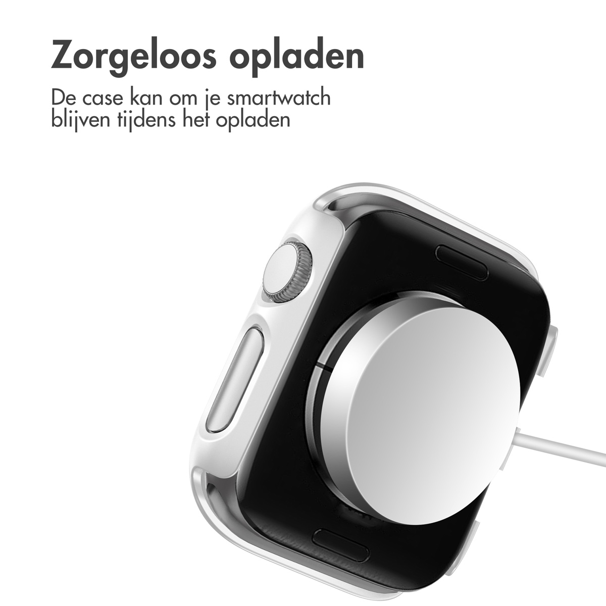 Black smartwatch with a white charging pad. Text says: Worry-free charging.