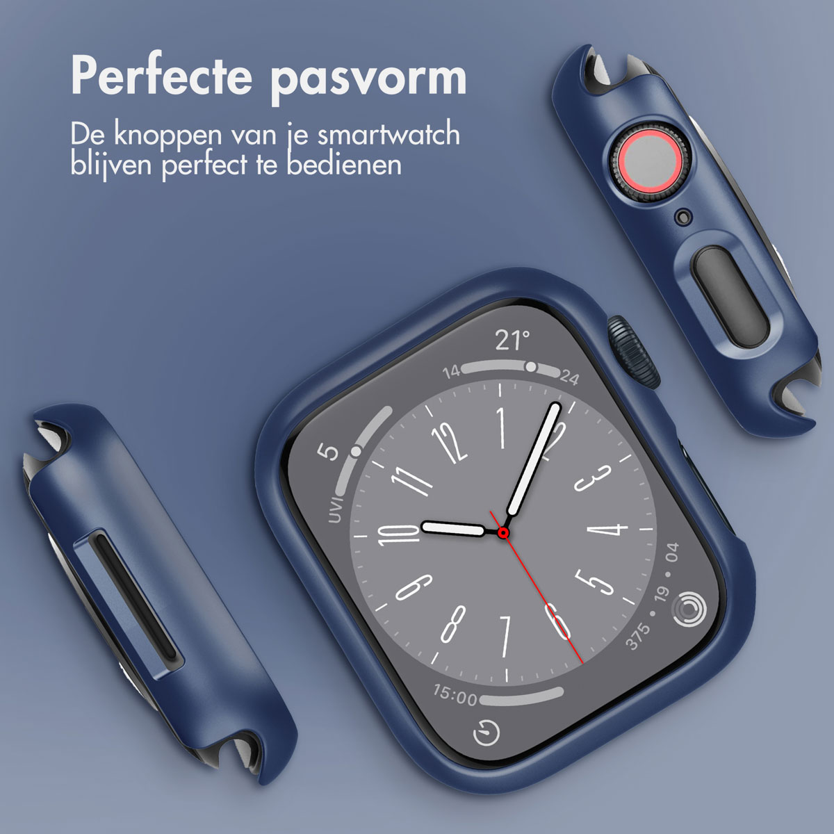 A blue smartwatch and its protective case parts. Text: Perfect fit.