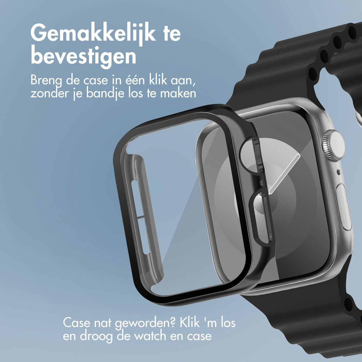 Apple Watch with a clear case being attached. The watch is on a black band.