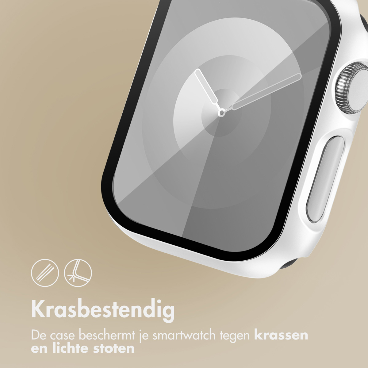 Close-up of an Apple Watch with a white case. Dutch text: Scratch-resistant.