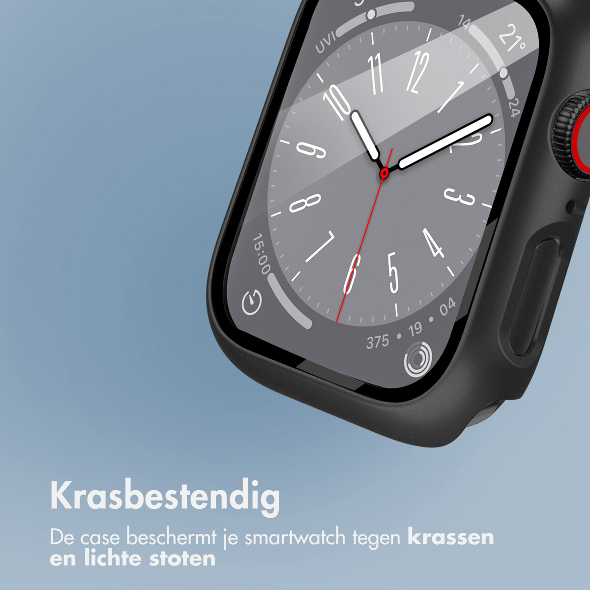 Close-up of a black smartwatch with a black case, with text: Scratch resistant.