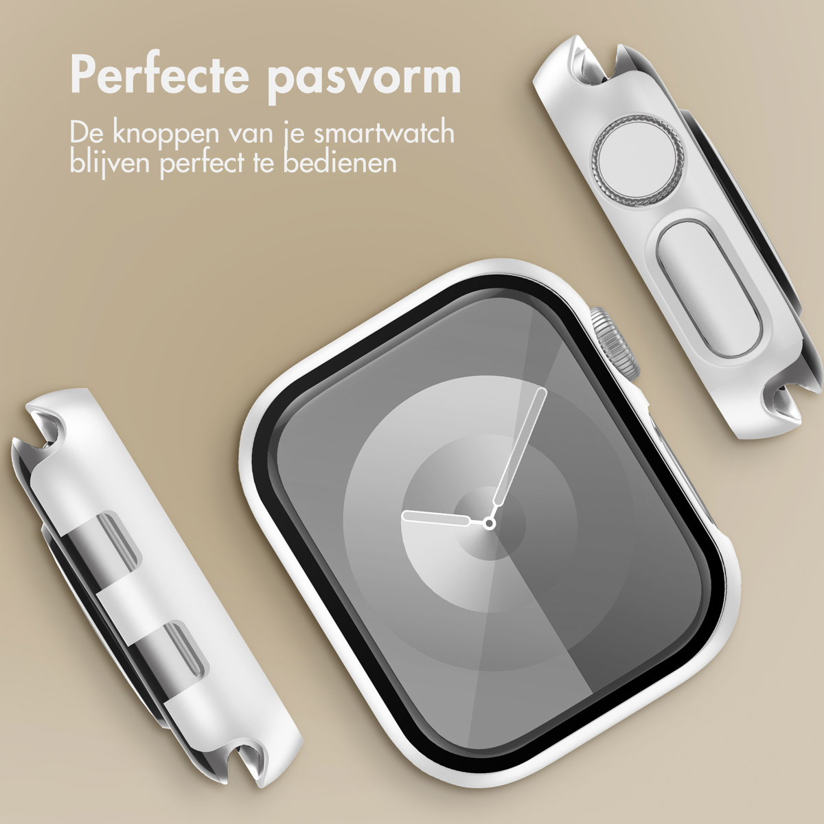 White watch case parts, and a watch. The watch shows a clock face.
