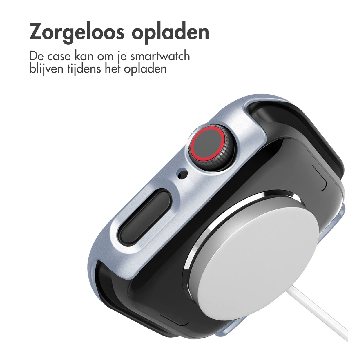 A black and silver smartwatch on a charger. The charger is white. The background is white.