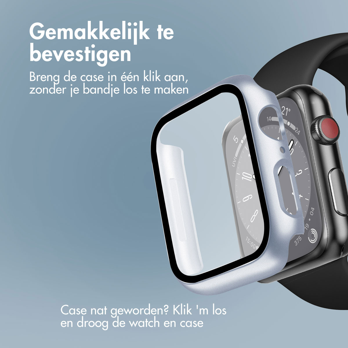 Smartwatch with a silver case being installed. Text says: Easy to attach.
