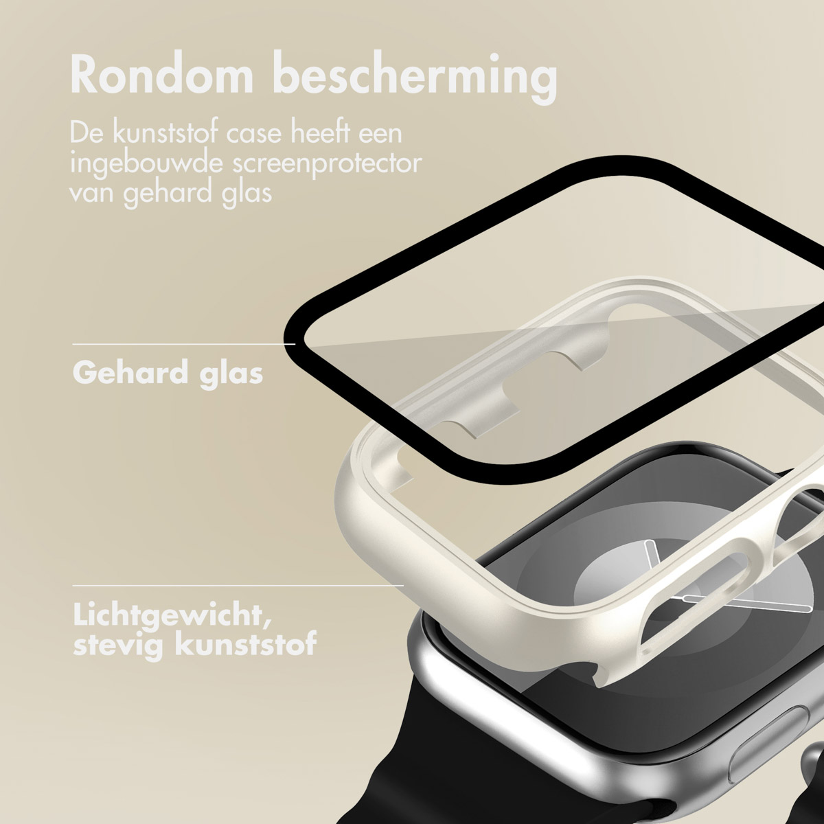 Transparent case on a smartwatch. Layers of protection. Texts in Dutch. Beige background.