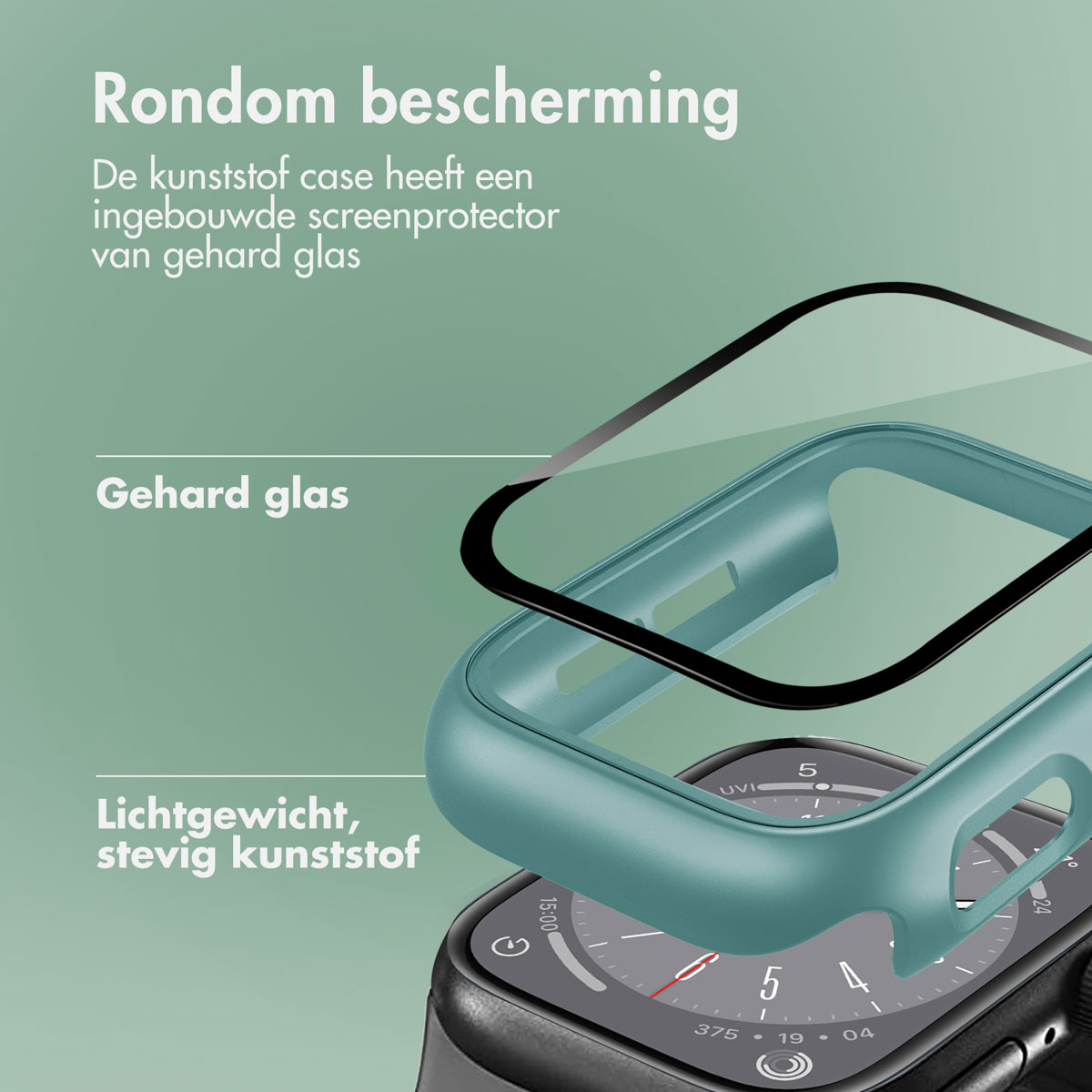 Green Apple Watch with green case. Text: 'Rondom bescherming'.