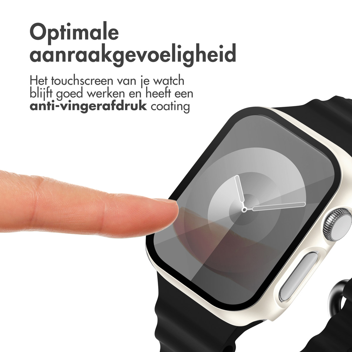 A finger touches the watch screen. The watch is black and has a white case. Text: anti-fingerprint.