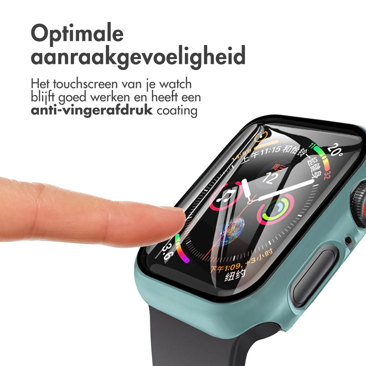 Finger touches the watch screen. Black watch with a teal case. The screen displays info. Text: anti-fingerprint.
