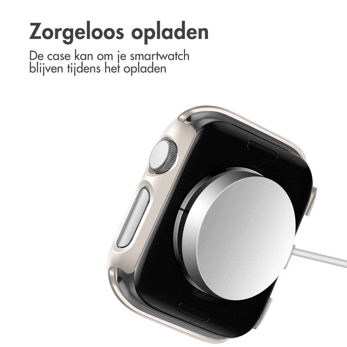 A white Apple Watch charging on a white wireless charger. The case is clear.