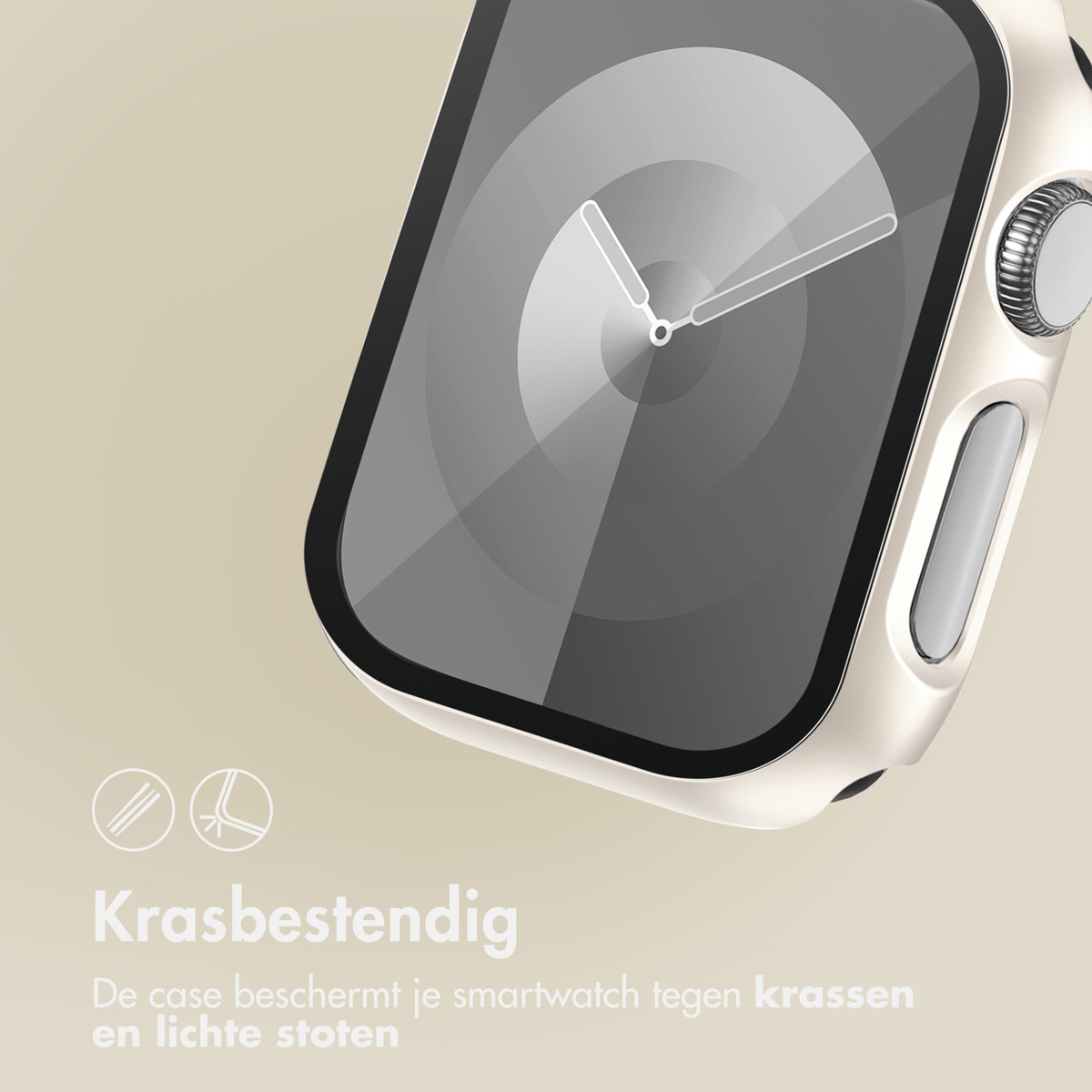 Close-up of a watch with a white case and a visible screen. The watch has a black screen and a white case.