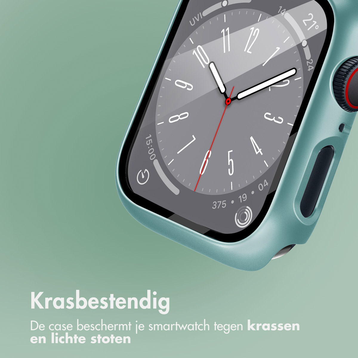 Smartwatch with a teal case on a teal background. The screen displays the time. Text in Dutch.
