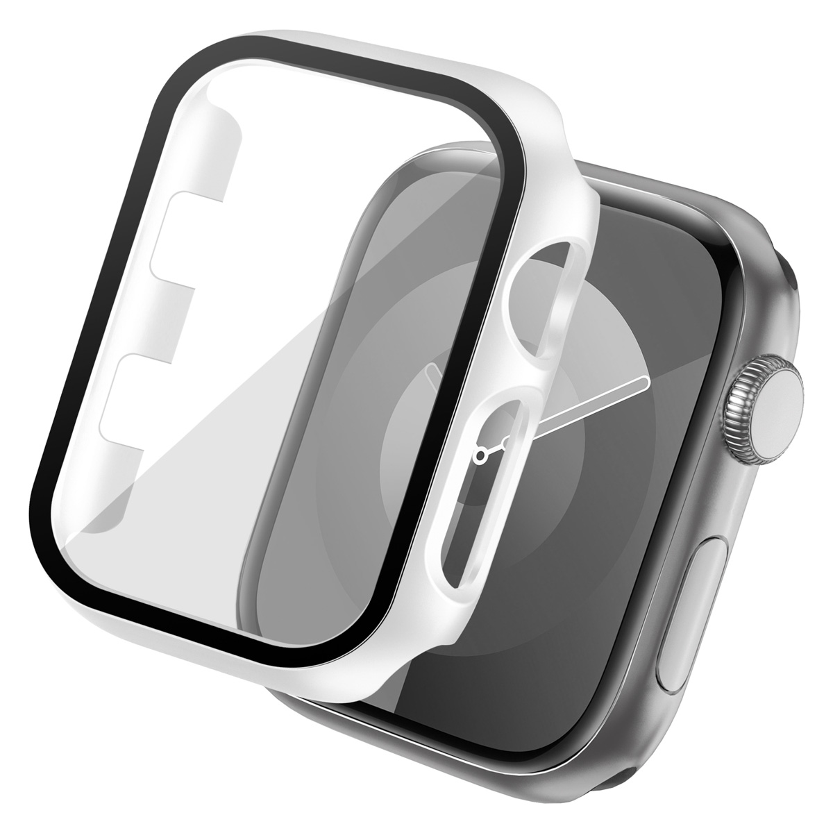 An Apple Watch with a white case and a transparent screen protector.