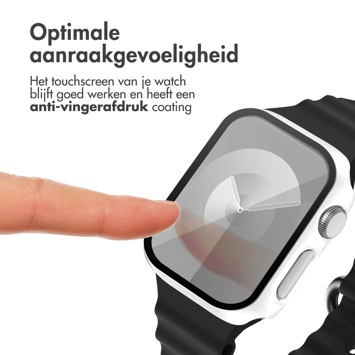 Finger touching a watch screen. White watch case. Black band. Texts in Dutch.
