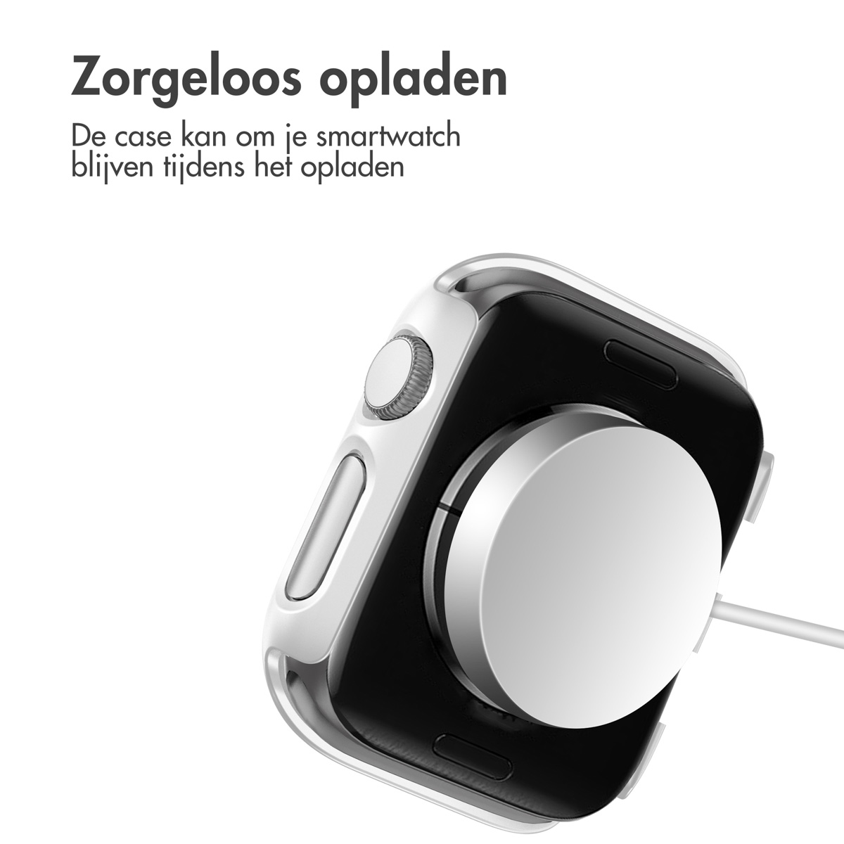 A watch connected to a charger. The case is white, the watch is black.