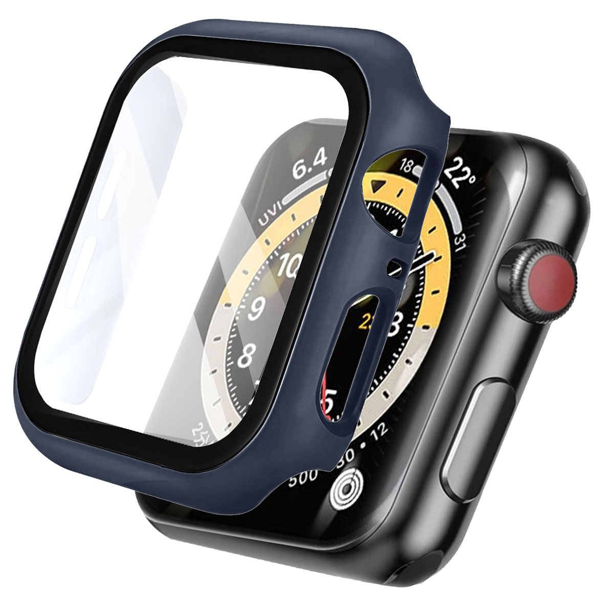 Blue Apple watch with a protective case being attached. The watch is on a black band.