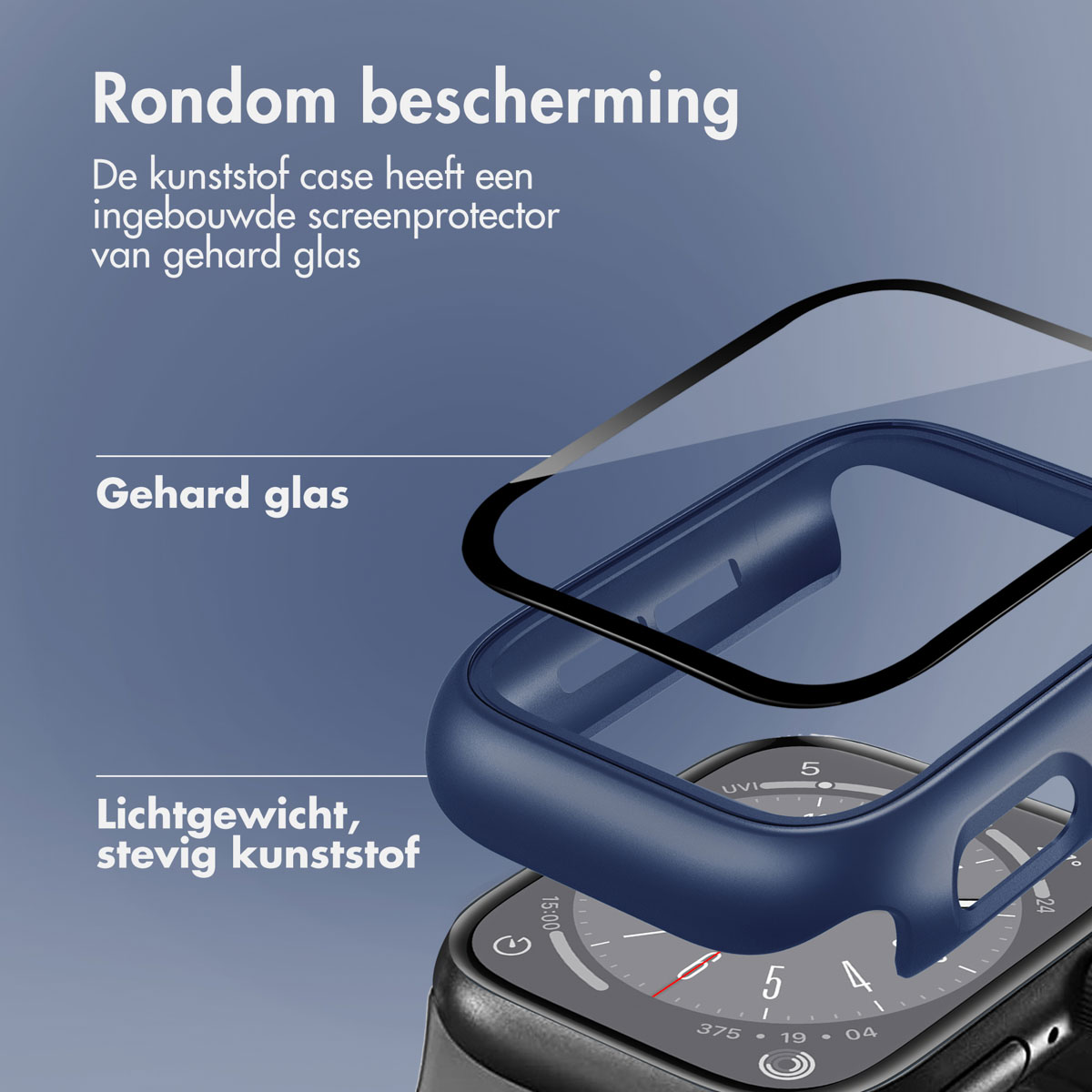 Diagram of a blue smartwatch case with layers: glass screen protector and plastic case.