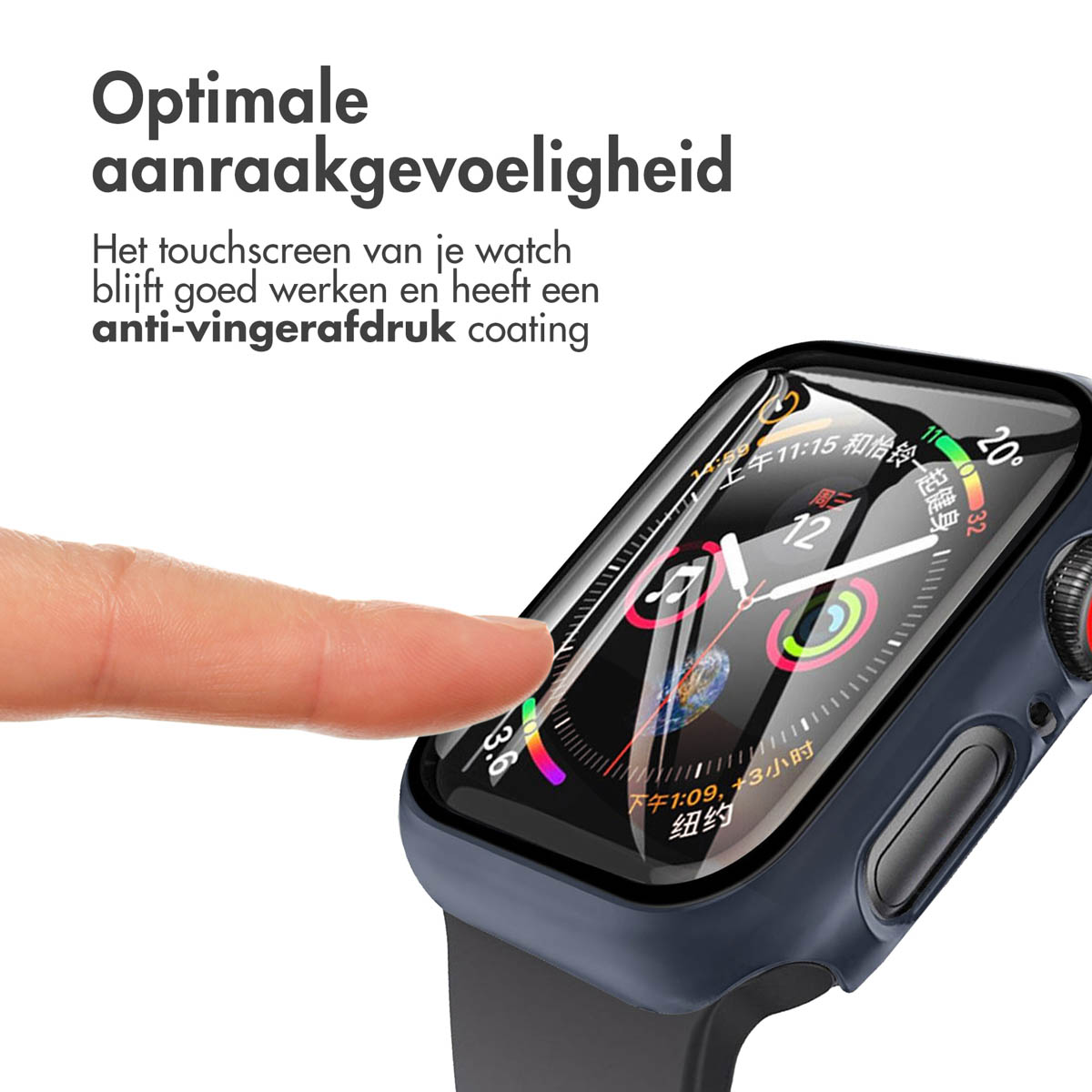 Person touching a blue Apple Watch screen. Text: 'Optimale aanraakgevoeligheid'.
