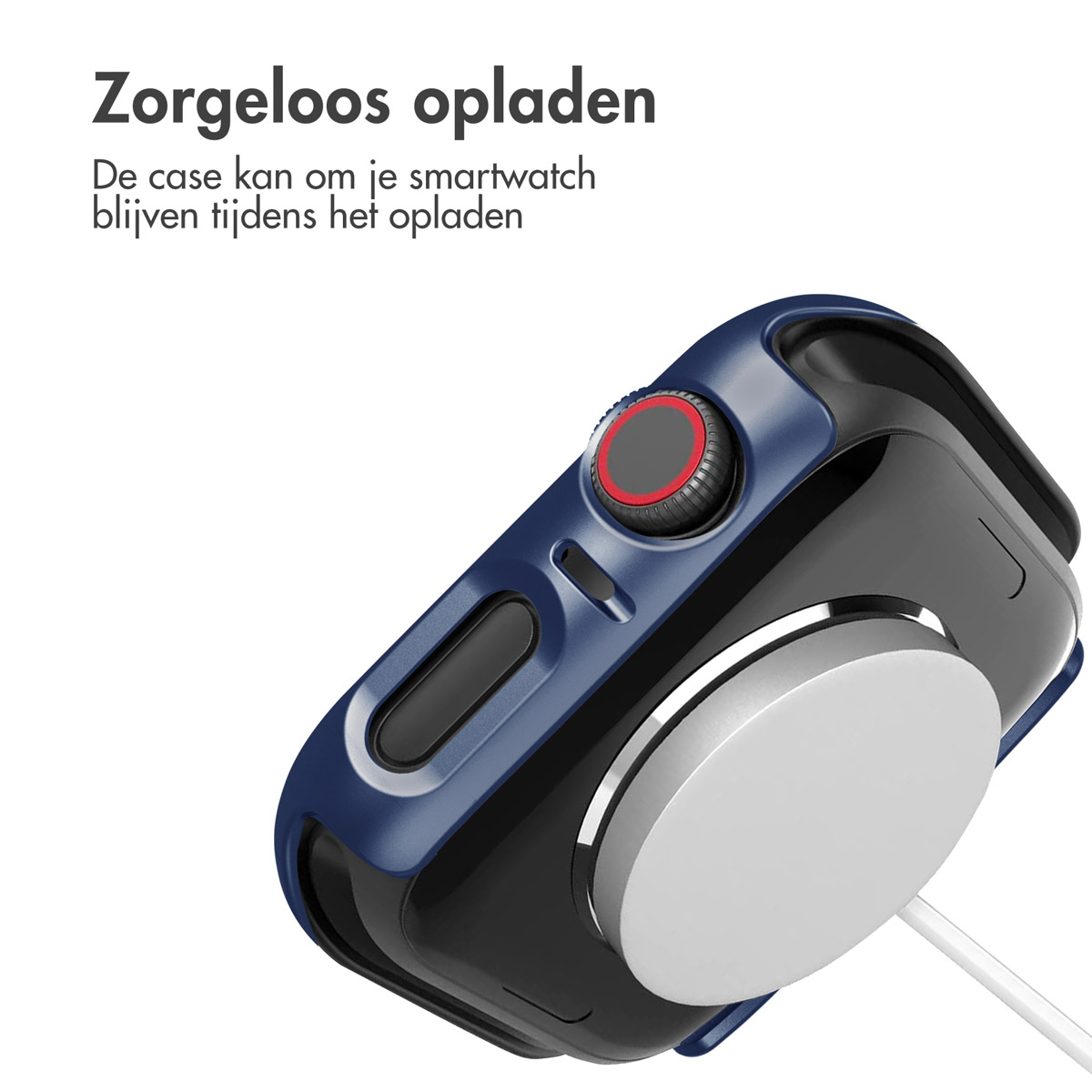 Blue smartwatch with a black screen. It's on a white charging pad. The case is blue.