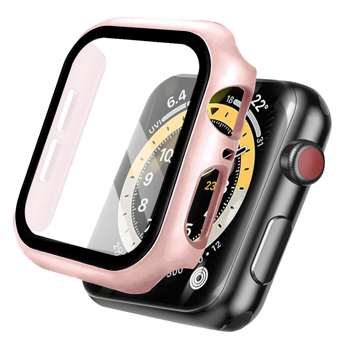 Pink watch case on a black watch. The watch face is visible.