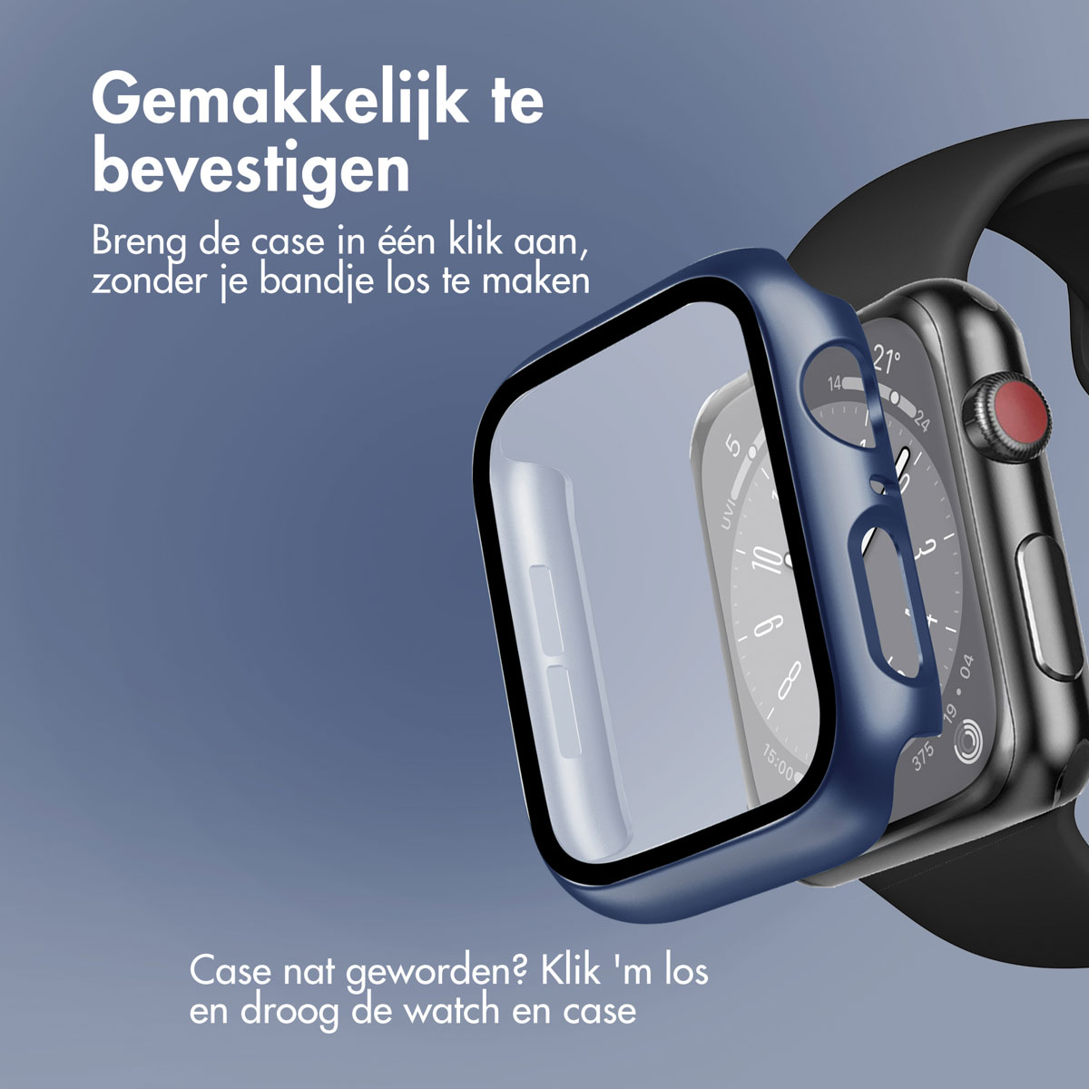 Black smartwatch with a blue case attached, showing the screen partially. A light blue background.