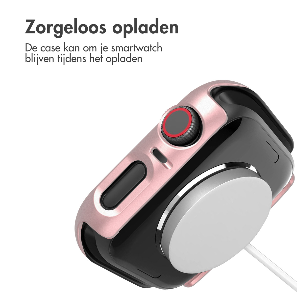 A pink watch case on a black watch charging on a white charger.