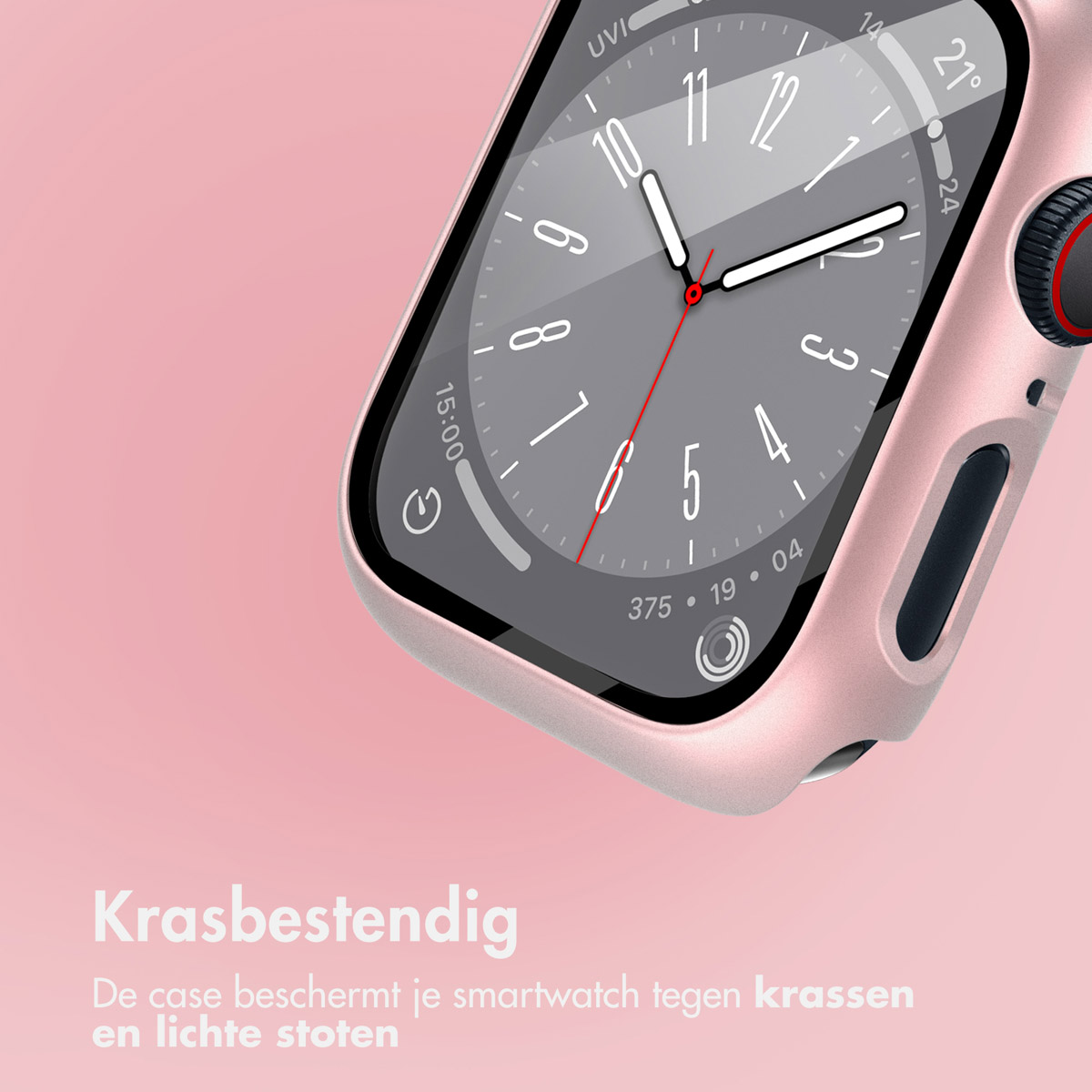 A pink smartwatch with a pink case. Text: Scratch resistant.