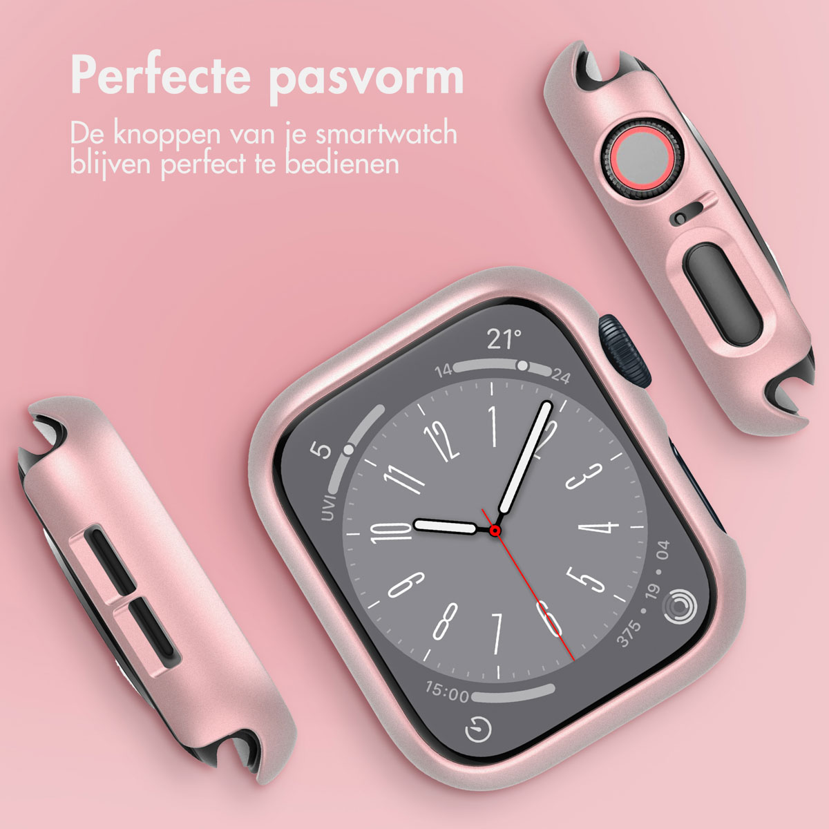Pink Apple Watch and pink case parts. Text: 'Perfecte pasvorm'.