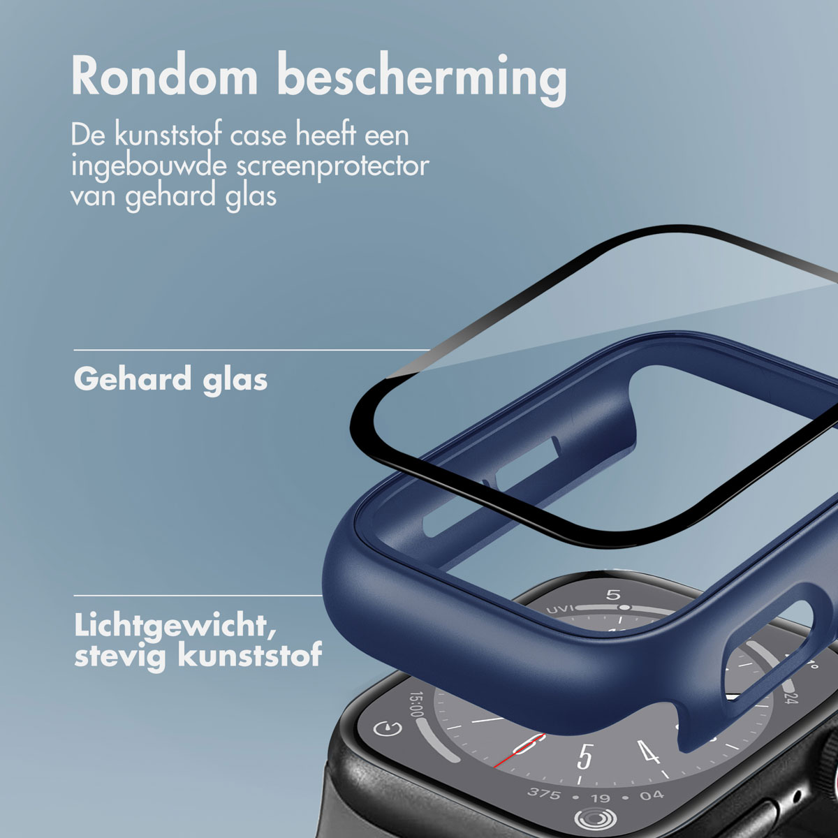 Transparent case on a smartwatch. Blue case. Layers of protection. Texts in Dutch.