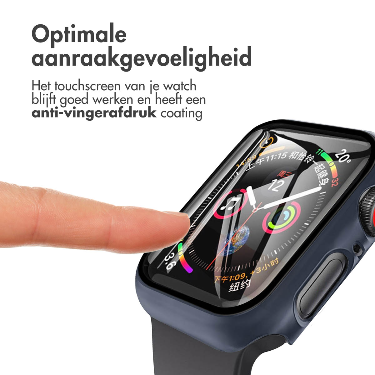 Finger touches the watch screen. Black watch with a blue case. The screen displays info. Text: anti-fingerprint.