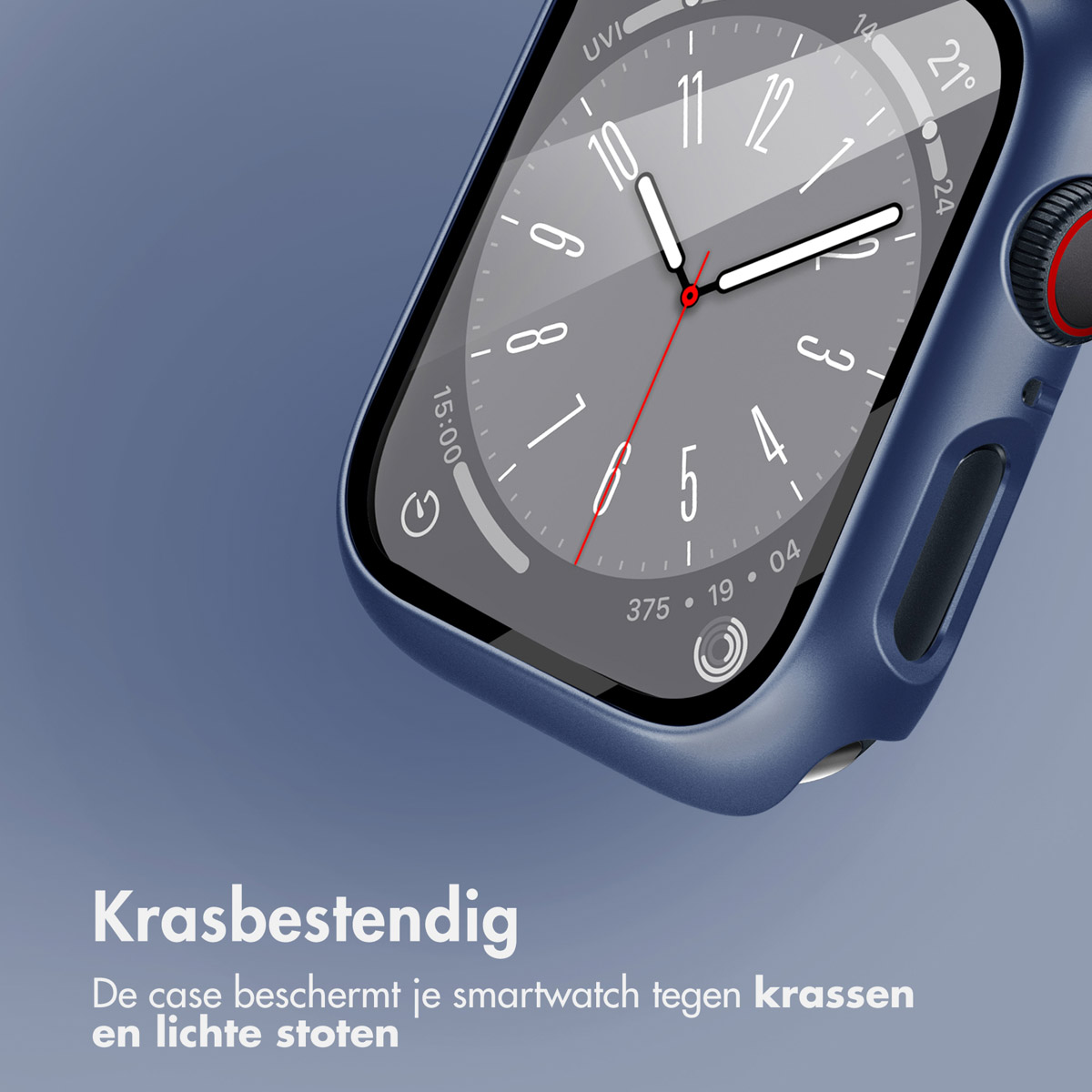Blue watch case on a watch. The watch face shows the time.