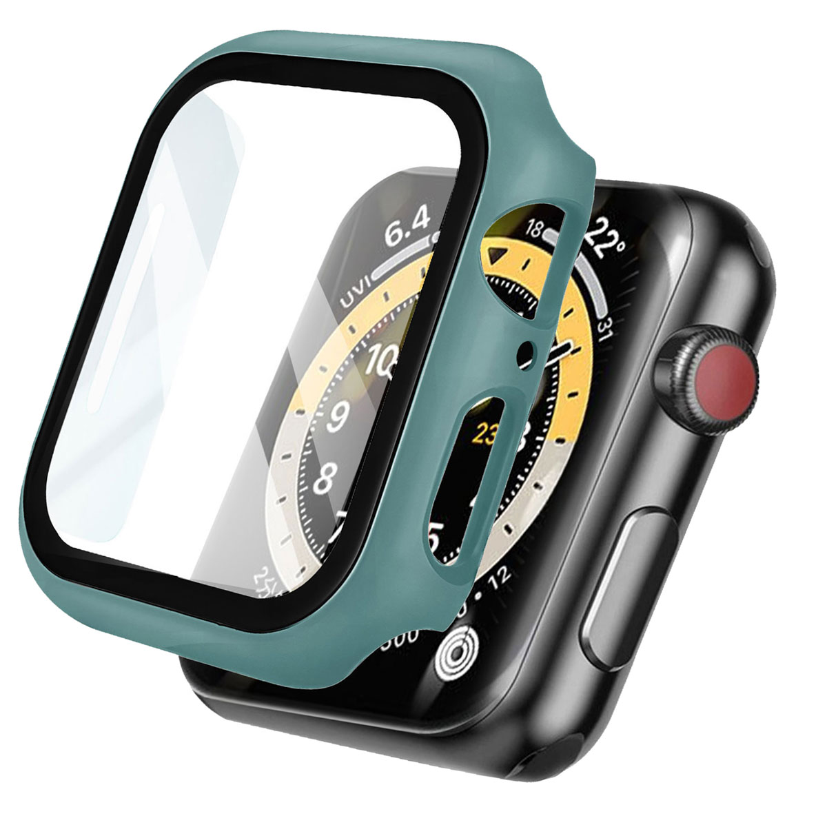 Green Apple watch with a protective case being attached. The watch is on a black band.