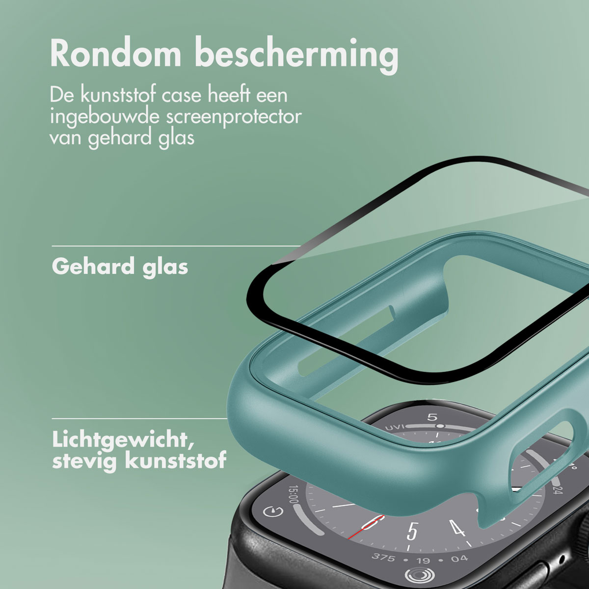 Diagram of a teal smartwatch case with layers: glass screen protector and plastic case.