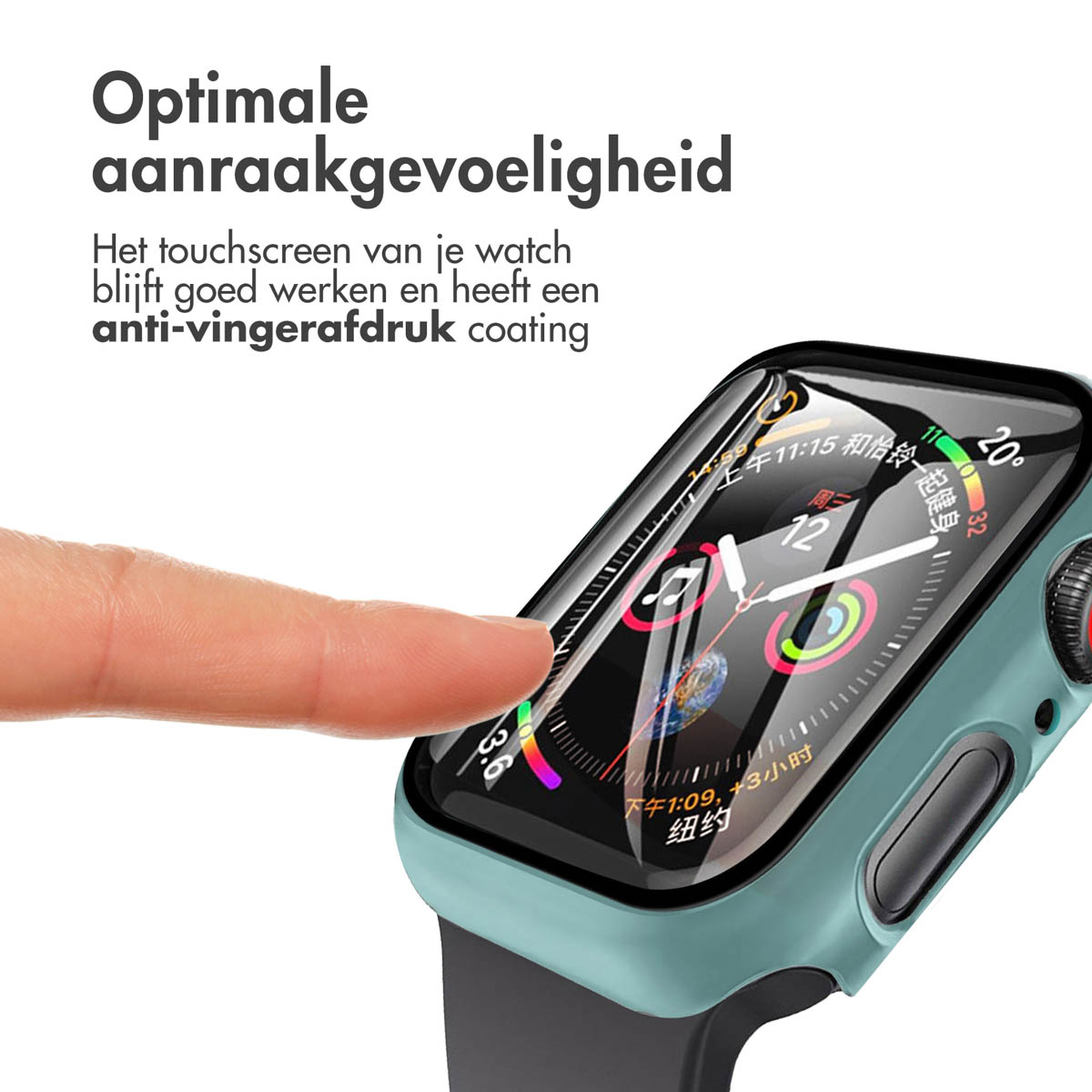 A finger touches the watch screen. The watch has a blue case and a black strap.